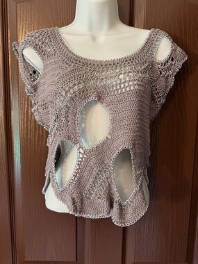 bebe Openwork Cropped Knit Top in gray with silver chain trim